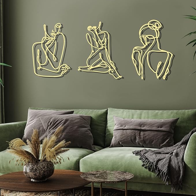 Photect 3 Pcs Metal Wall Art Decor Minimalist Abstract Woman Wall Art Metal Modern Line Drawing Decor Female Single Line Home Hanging for Bedroom Bathroom Living Room Housewarming(Elegant,Gold)
