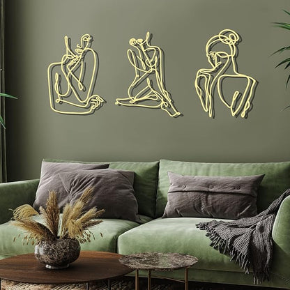 Photect 3 Pcs Metal Wall Art Decor Minimalist Abstract Woman Wall Art Metal Modern Line Drawing Decor Female Single Line Home Hanging for Bedroom Bathroom Living Room Housewarming(Elegant,Gold)