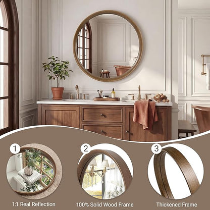 Brakki Round Wall Mirror with Wood Frame, 24 inch Circle Mirror for Bathroom Bedroom Entryway Vanity Living Room, HD Shatterproof Glass, Wall Mounted Decor, Hanging or Leaning, Walnut