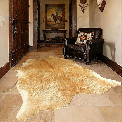 3x4Ft Beige Faux Cowhide Rug - Washable Non Slip Western Rustic Area Rugs for Living Room Bedroom, Small Cow Print Accent Rug, Layering Throw for Office Desk, Vintage Farmhouse Decor