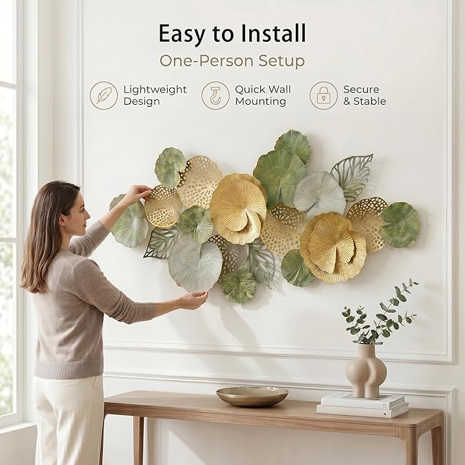 Axioglo Large Metal Wall Art Decor, 3D Abstract Botanical Leaf Design, Handcrafted Metal Wall Sculpture for Living Room, Bedroom & Entryway（51"）