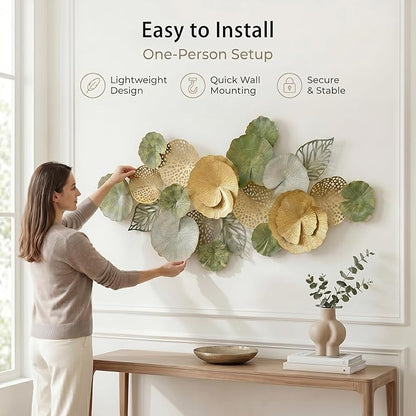 Axioglo Large Metal Wall Art Decor, 3D Abstract Botanical Leaf Design, Handcrafted Metal Wall Sculpture for Living Room, Bedroom & Entryway（51"）