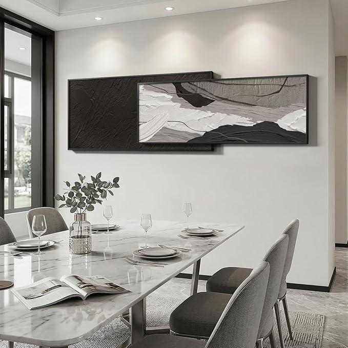 Extra Large Framed Black and White Abstract Wall Art for Living Room, Set of 2 Long Horizontal Modern Canvas Prints Paintings, Minimalist Gray Pictures for Bedroom Dining Room Office Wall Decor