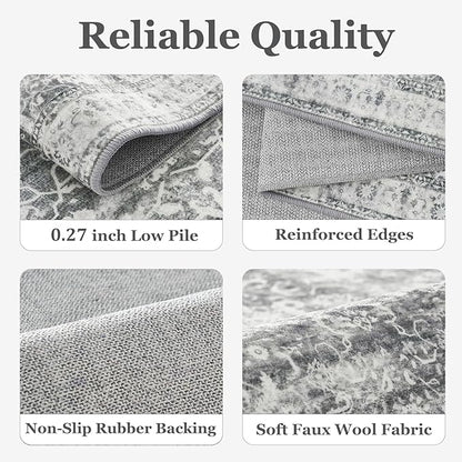 Grey Vintage 3x5 Entryway Rug Indoor Foyer, Neutral Gray Throw Rug for Kitchen Bathroom, Machine Washable Non Slip Thin Area Rug for Nursery/Bedroom Bedside/Home Office/Dorm