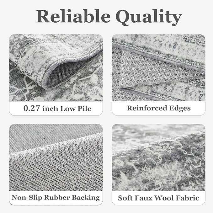 Grey 2x6 Runner Rug for Hallways Entryway, Vintage Neutral Kitchen Bathroom Runner 6ft, Non Slip Washable Low Pile Thin Carpet Runner for Mudroom/Laundry Room/Bedroom Bedside