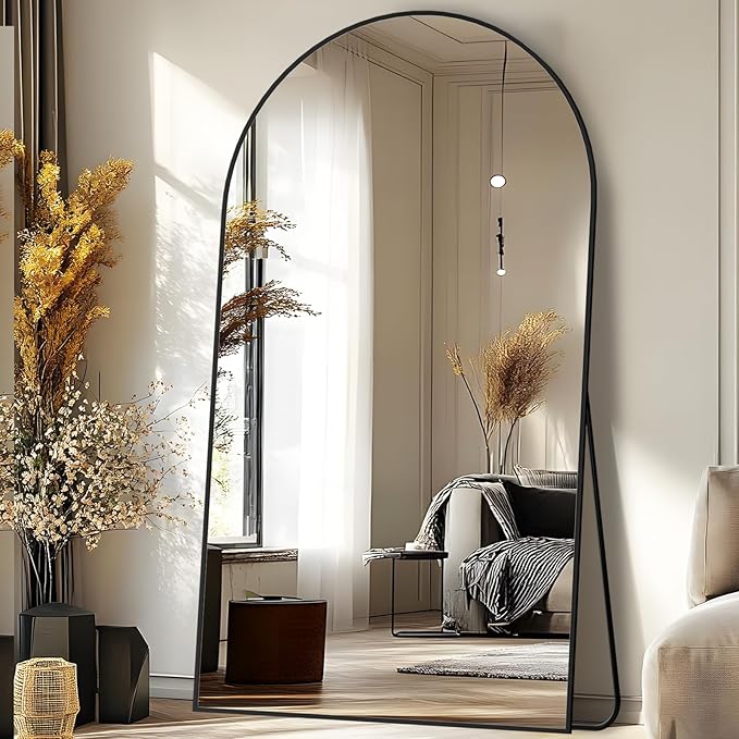 Antok Oversized Full Length Mirror with Stand, 88"x44" Arched Floor Mirror, Aluminum Frame, Wall Mounted/Leaning/Free Standing, Large Body Mirror for Bedroom Living Room Entryway Dressing Room,Black