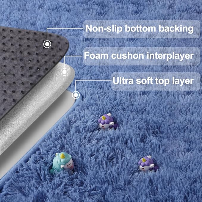 qulint Blue Rugs for Bedroom 3x5, Fluffy Shag 3x5 Area Rug for Boys Room Fuzzy Small Kids Rug, Plush Shaggy Alfombras for Girls Dorm Playroom Nursery Aesthetic Home Decor (3ft x 5ft, Blue)