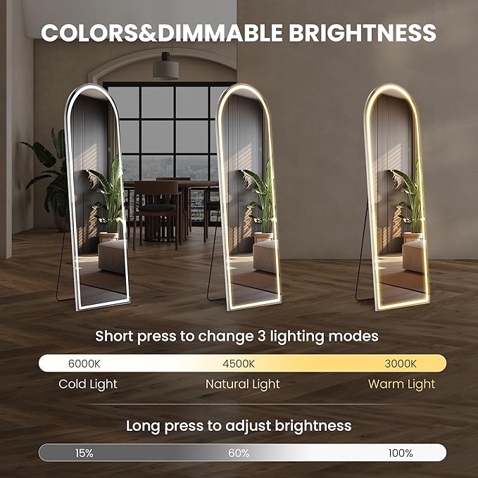 Arched Full Length Mirror with Stand 16"×60", Upgraded Full Body Mirrors with LED Light 3 Color Lighting, Floor Standing, Hanging or Leaning Modern Simple Home Wall Decor, White
