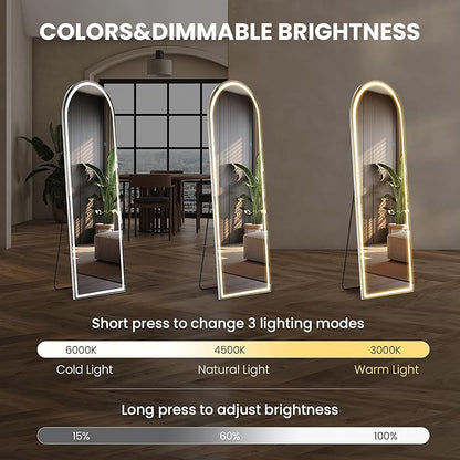 Arched Full Length Mirror with Stand 16"×60", Upgraded Full Body Mirrors with LED Light 3 Color Lighting, Floor Standing, Hanging or Leaning Modern Simple Home Wall Decor, White