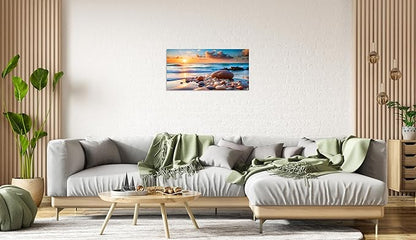 TutuBeer 1 Panel Beach Pictures Wall art Beach Pictures Blue Sea Sunset White Ocean with Stone Print on Canvas Ocean Picture Wall Decor for Home Decor Decoration Ready to Hang 20x40inch