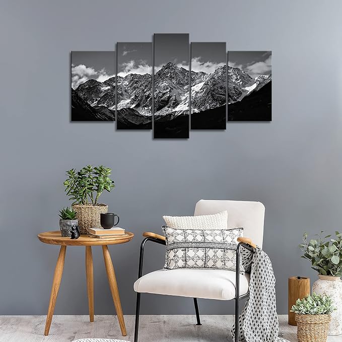 Canvas Wall Art Mountain Black and White Snow Mountain Landscape Picture 5 Pieces Prints On Canvas Modern Giclee Framed Artwork The Pictures for Home Living Room Decor