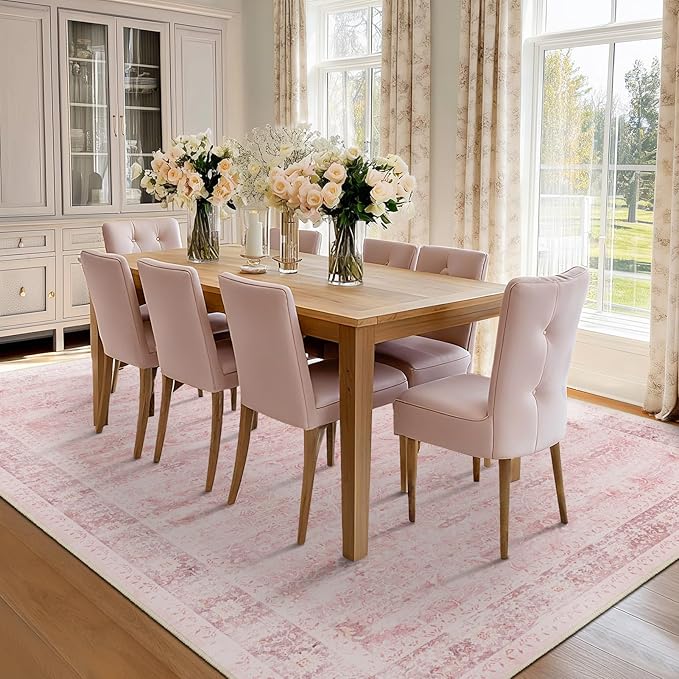 Large Pink Living Room Rug 9x12, Aesthetic Distressed Area Rugs for Bedroom Girls Playroom, Washable Non Slip Nursery Rug Stain Resistant, Low Pile Thin Carpet Rug for Dining Room Home Office