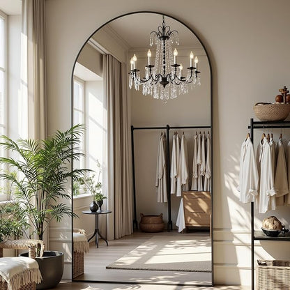 Full Length Mirror, 86"x46" Oversized Floor Mirror Freestanding, Full Body Floor Standing Mirrors with Stand, Hanging Mounted for Bedroom Living Room, Black, Arched Style
