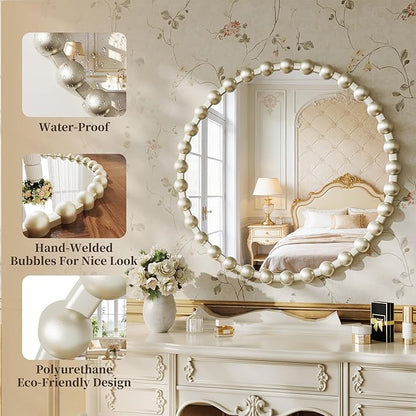 Round Vanity Mirror for Wall, 28 Inch Beaded Frame Circle Mirror for Bedroom Dresser, Bathroom, Entryway, Living Room, Decorative Hanging Wall Mirror, Silver
