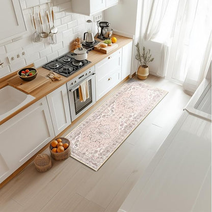 BESTSWEETIE 2x6 Area Rug Washable Rugs for Living Room, No Pile Boho Carpet for Entryway Bedroom Dinning Room, Vintage Carpet Print Distressed Non-Slip, 2 x 6 ft, Pink Beige Grey