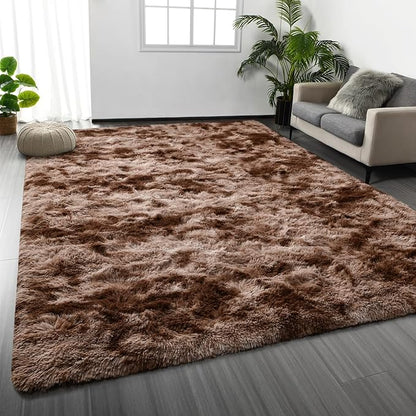 Deerhoo Large Shag Area Rugs 8 x 10, Tie-Dyed Plush Fuzzy Rugs for Living Room, Ultra Soft Fluffy Furry Rug for Bedroom, Indoor Carpet Nursery Rugs for Kids Room Home Decor, Coffee