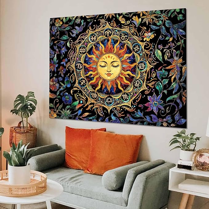 Neasow Mystic Hippie Sun Tapestry, Twelve Constellation Aesthetic Astrology Wall Art, Boho Stained Glass Floral for Living Room Bedroom Home Decor, 60x80 inches