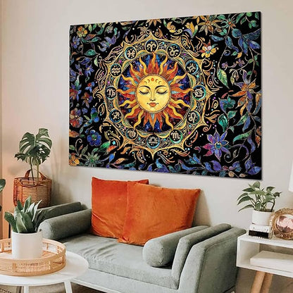 Neasow Mystic Hippie Sun Tapestry, Twelve Constellation Aesthetic Astrology Wall Art, Boho Stained Glass Floral for Living Room Bedroom Home Decor, 44x60 inches
