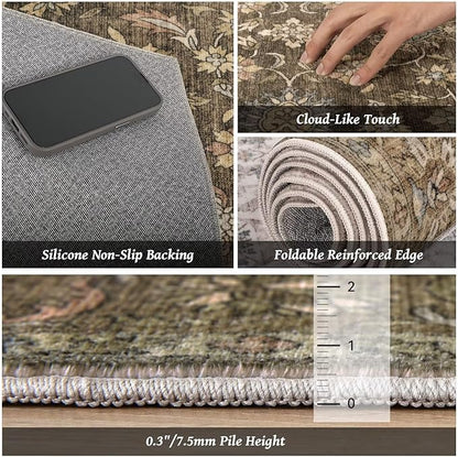 Washable 9x12 Area Rugs for Living Room, Boho Non-Slip Vintage Distress Lager Rugs for Bedroom Dining Room Nursery Office, 0.3" Neutral Oriental Throw Thin Carpet, Tan/Flaxen/Multi, E2