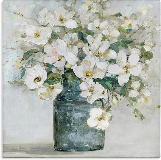 Stupell Industries 'White Geranium Bouquet Blossoming Flower Arrangement Vase', Canvas Art, 24 x 24 Inches, Easy to Hang and Sturdy, Made in USA, by Sally Swatland