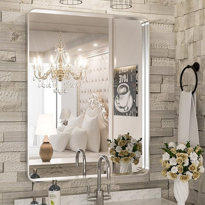 TokeShimi 24 x 32 Inch Brushed Silver Bathroom Mirror for Wall Brushed Brass Metal Rounded Corner Rectangle Mirror Metal Frame Deep Set Design Hangs Horizontal Or Vertical
