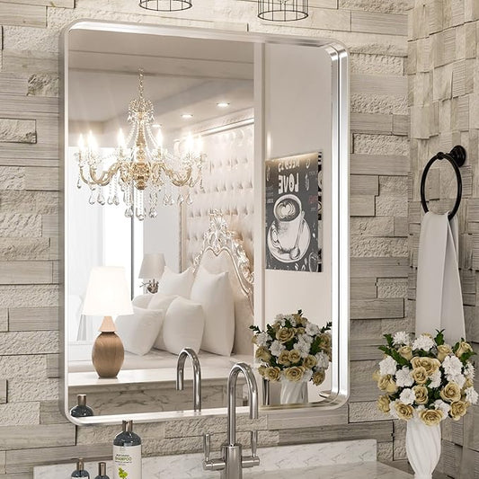 TokeShimi 24 x 32 Inch Brushed Silver Bathroom Mirror for Wall Brushed Brass Metal Rounded Corner Rectangle Mirror Metal Frame Deep Set Design Hangs Horizontal Or Vertical