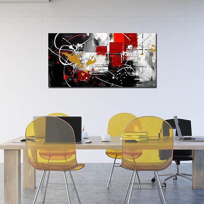 ANCXWOTER Abstract Wall Art for Living Room Black Canvas Wall Art Modern Grey Red Line Artwork for Bedroom Office Home Decor Canvas Prints 24x48 Inch