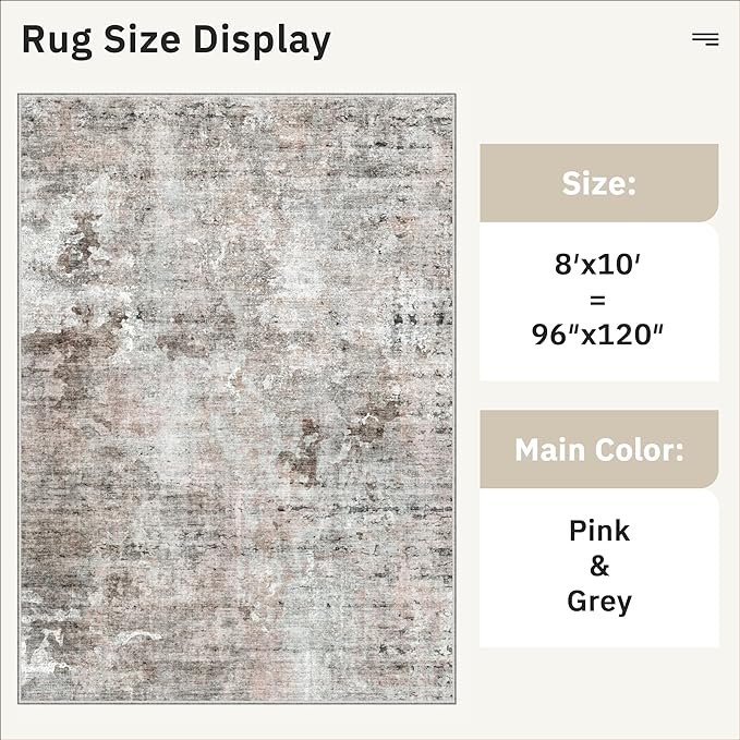 Soalmost Abstract Rug 8x10 Large Living Room Rugs Neutral Modern Washable Area Rugs for Bedroom Dining Room Non-Slip Stain Resistant Foldable Thin Rug Grey Pink