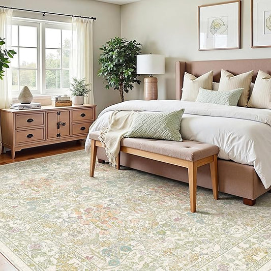 Washable Sage Green 5x8 Area Rug for Large Entryway, Living Room, Kids Room, Boy Nursery Room, Bedroom Rug - Vintage Oriental Low Pile Non Slip & Stain Resistance (5x8 Beige Green)