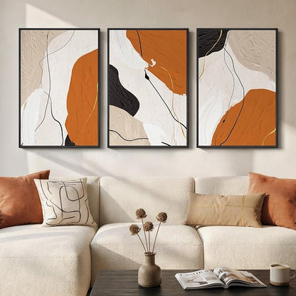 Framed Orange Abstract Wall Art for Living Room, 3 Piece Modern Minimalist Canvas Print Artwork for Walls, Large Neutral Abstract Paintings Picture for Bedroom Office Dining Room Wall Decor, 24x36 In