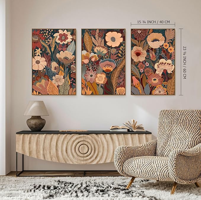 SAFERRYHOME Burnt Orange Floral Wall Art, 3 Pieces Boho Mid Century Modern Wildflower Framed Canvas Wall Decor, Vintage Botanical Neutral Plant Artwork Print for Living Room Bedroom Hallway Office, 16"x24"
