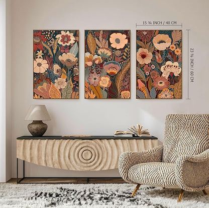 SAFERRYHOME Burnt Orange Floral Wall Art, 3 Pieces Boho Mid Century Modern Wildflower Framed Canvas Wall Decor, Vintage Botanical Neutral Plant Artwork Print for Living Room Bedroom Hallway Office, 16"x24"
