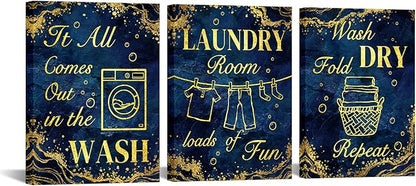 sechars Laundry Room Wall Art Wash Dry Fold Laundry Sign Painting Canvas Prints Blue and Gold Bathroom Laundry Decor (Blue)
