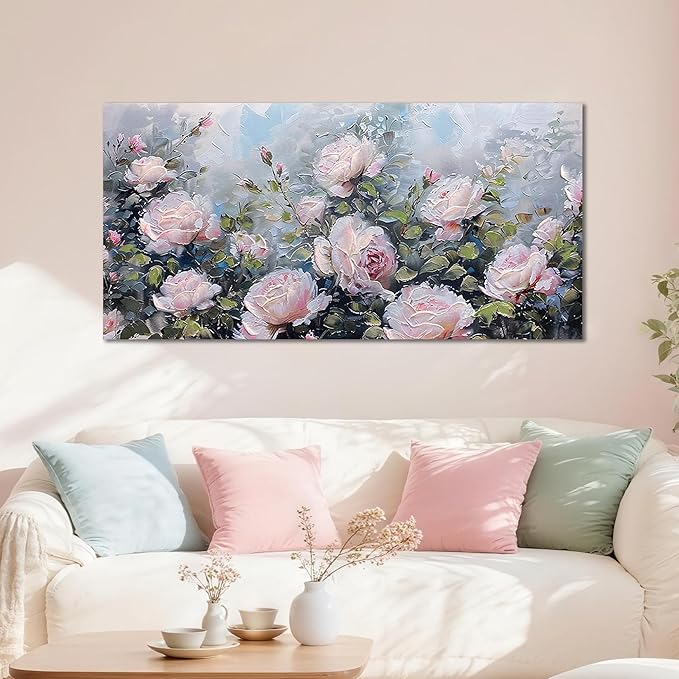 Enartly Pink Flower Wall Art Large Living Room Bedroom Wall Decor Rose Canvas Painting Floral Picture Bloosom Textured Green Modern Artwork Framed for Bathroom Kitchen Home Office Decoration, 48"x24"