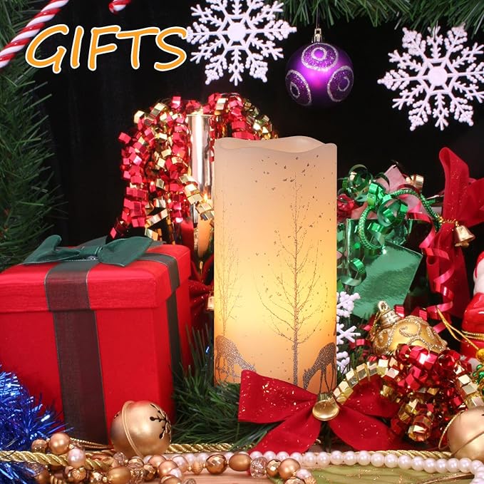 2Pack Christmas LED Flameless Candles Flickering, Battery Operated Wax Candles with Timer Remote, Realistic Pillar Candles with Forest Deer Decal for Home Decorations Christmas Gifts [Silver, 3"X6"]