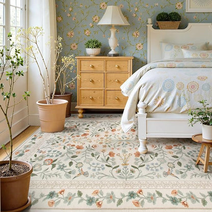 Lahome Floral Washable Area Rug 5x7, Vintage Non Slip Carpet for Living Room Bedroom, Low-Pile Soft Boho Rug for Kids Room Nursery, Machine Washable Home Decor, Beige