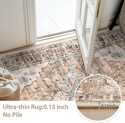 BESTSWEETIE 2x10 Area Rug Washable Rugs for Living Room, No Pile Boho Carpet for Entryway Bedroom Dinning Room, Vintage Carpet Print Distressed Non-Slip, 2 x 10 ft, Orange Pink Brown Earth Tones