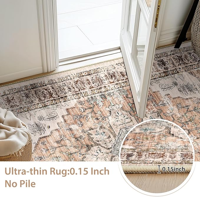 BESTSWEETIE 9x12 Area Rug Washable Rugs for Living Room, No Pile Boho Carpet for Entryway Bedroom Dinning Room, Vintage Carpet Print Distressed Non-Slip, 9 x 12 ft, Orange Pink Brown Earth Tones