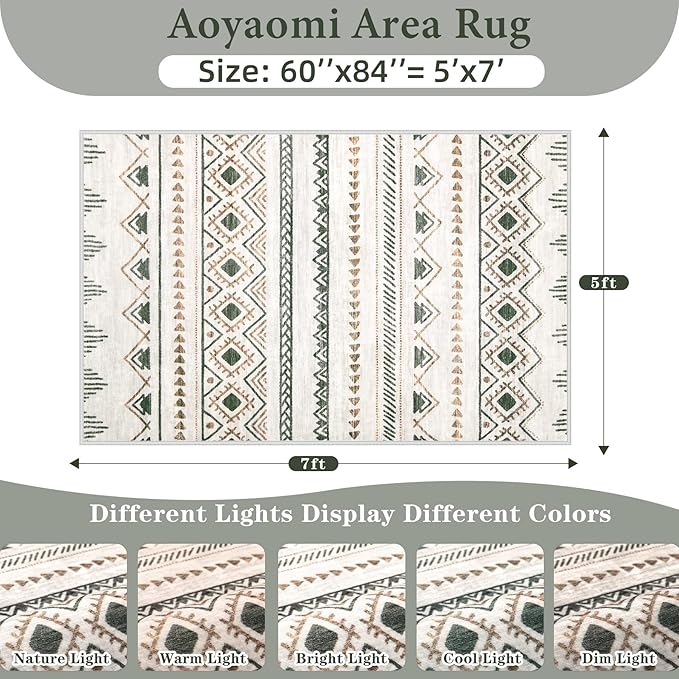 Area Rug Living Room Rugs 5x7 - Large Soft Boho Geometric Rugs, Non-Slip Foldable Washable Area Rug Non Shedding Morden Indoor Floor Carpet for Living Bedroom Office Dining Room(Brown Green,5'x7')