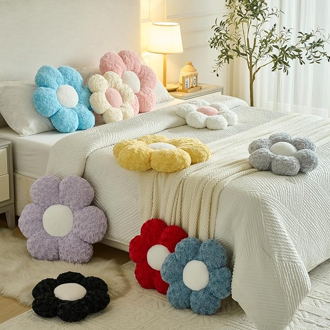 Flower Pillows, Decorative Throw Pillow with Soft Plush for Couch, Flower Shaped Pillow Home Decor Daisy Pillow for Bed (Black, 14.9 Inches)