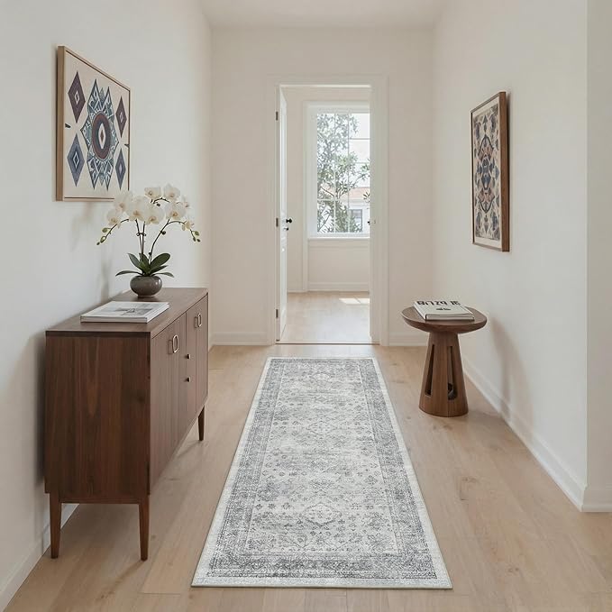 GENIMO 8x10 Area Rugs for Living Room, Machine Washable Non Slip Vintage Rugs, Low Pile Lightweight Chenille Print Rug for Bedroom, Dining Room, Home Office, Grey