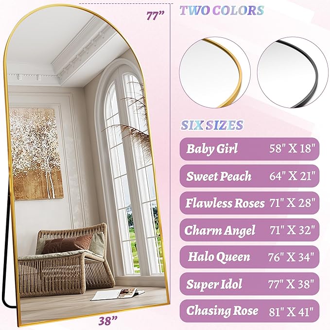 Full Length Mirror, 78"x38" Oversized Floor Mirror Freestanding, Full Body Floor Standing Mirror with Stand, Hanging Mounted for Bedroom Living Room, Gold, Arched Style