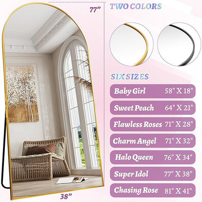 Full Length Mirror, 78"x38" Oversized Floor Mirror Freestanding, Full Body Floor Standing Mirror with Stand, Hanging Mounted for Bedroom Living Room, Gold, Arched Style