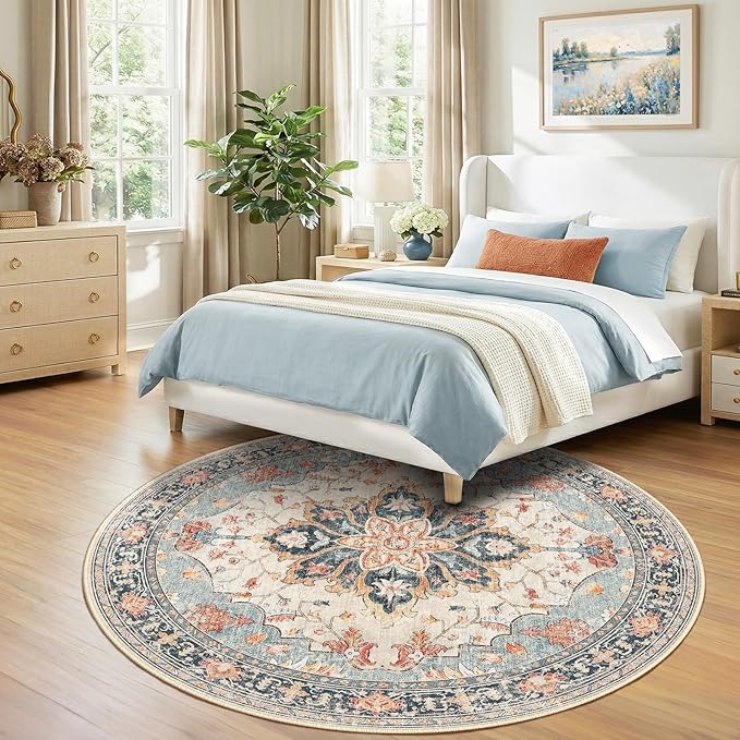 RELEANY Area Rugs Round 7ft Washable Non-Slip, Floral Vintage Distress Print Pattern Medallion Carpet for Living Room Bedroom Dining Room, Beige Navy Blue Orange Colorful