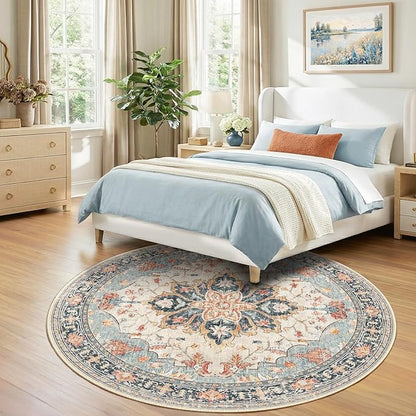 RELEANY Area Rugs Round 7ft Washable Non-Slip, Floral Vintage Distress Print Pattern Medallion Carpet for Living Room Bedroom Dining Room, Beige Navy Blue Orange Colorful