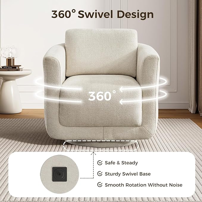 Swivel Accent Chair, 360° Chenille Barrel Swivel Chair for Living Room, Reading Nook Chair for Bedroom Small Spaces, Fully Assembled, Cream