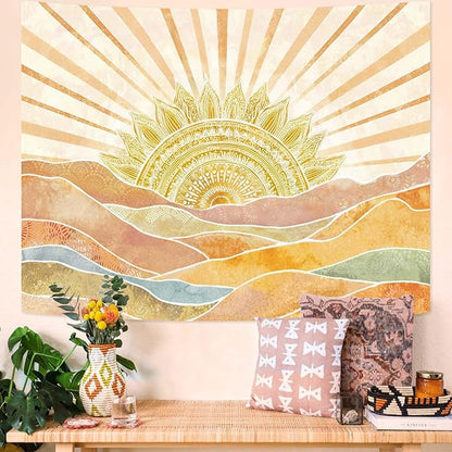Leeisysme Boho Sun Tapestry, Abstract Retro 70s Mountain Wall Art, Vintage Sunrise Tapestries for Bedroom Living Room Dorm Decor, Gold Yellow 60x80 inches