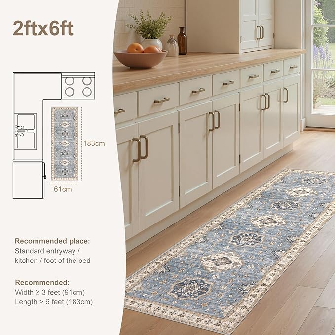 EIEIHOUSE Washable 2x6 Runner Rug - Area Rugs Neutral Vintage Distressed Floral Farmhouse Boho Large Soft Floor Rug Indoor Carpet for Hallway Entryway Bedroom Kitchen - Blue