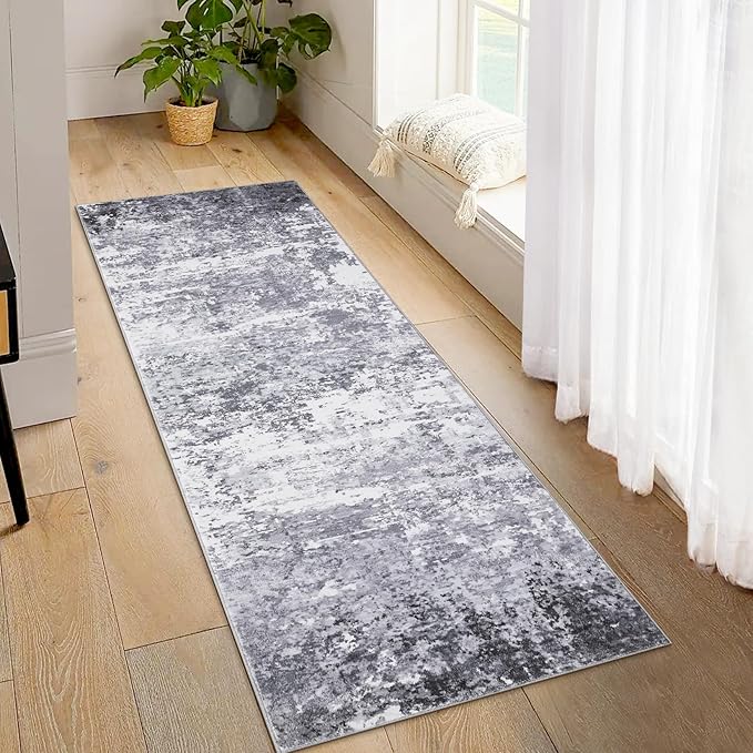 ROYHOME 2x6 Modern Abstract Runner Rug Non Slip Soft Rug Stain Resistant Rugs Low Pile Non Shed Machine Washable for Hallway Kitchen Bathroom, Light Grey
