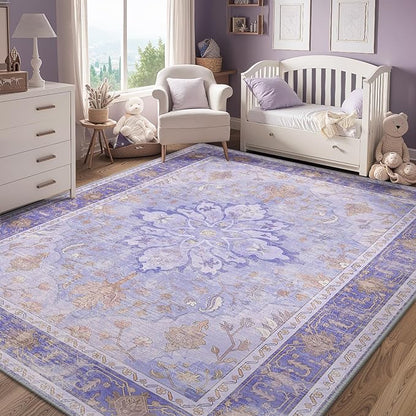 RELEANY Area Rugs 6'x9' Washable Non-Slip, Floral Vintage Distress Print Pattern Medallion Carpet for Living Room Bedroom Dining Room, Light Purple Brown
